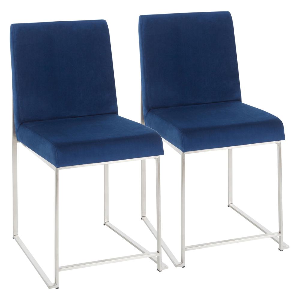 Brushed Stainless Steel, Blue Velvet High Back Fuji Dining Chair - Set of 2. Picture 1
