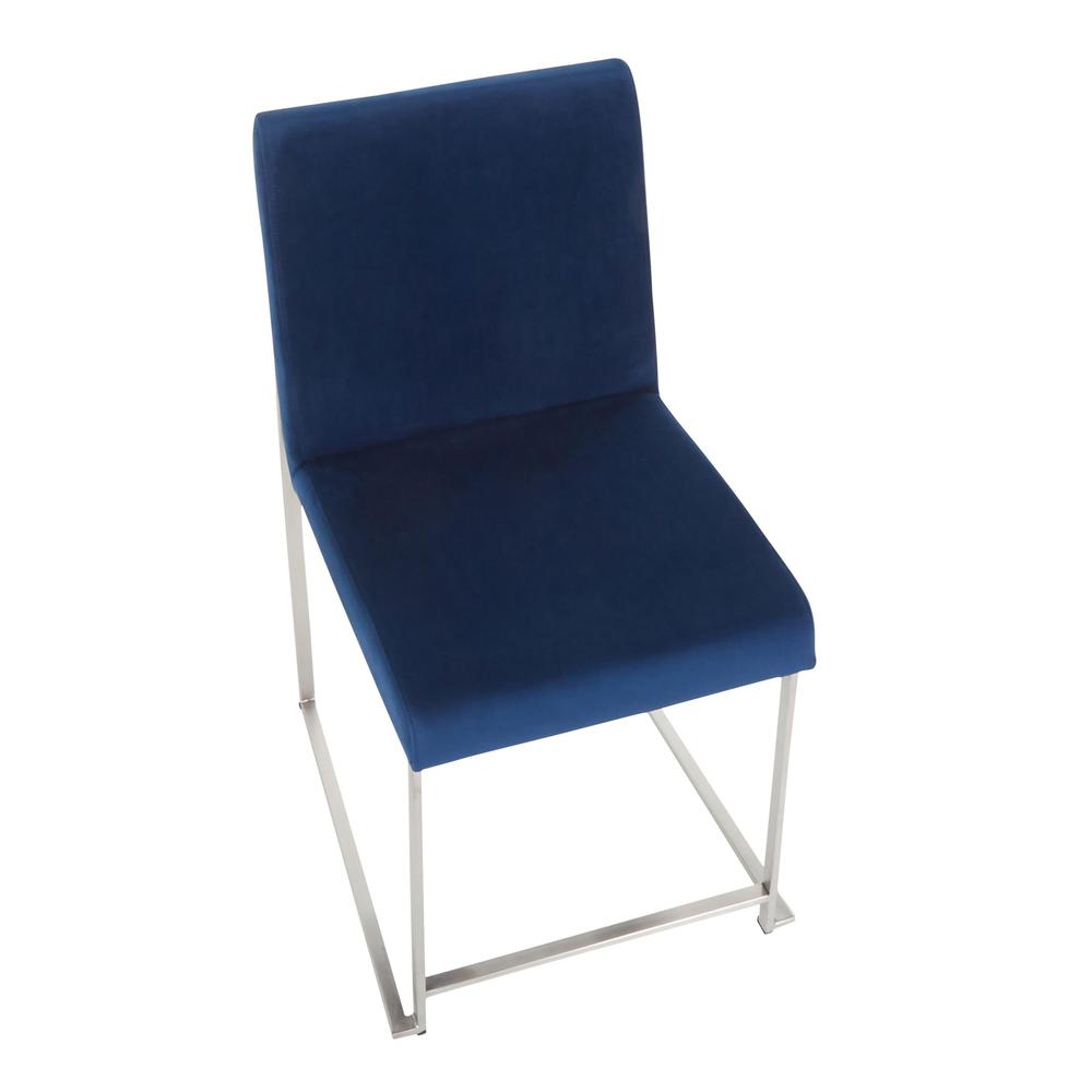 Brushed Stainless Steel, Blue Velvet High Back Fuji Dining Chair - Set of 2. Picture 7