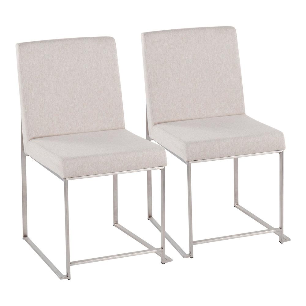 Brushed Stainless Steel, Beige Fabric High Back Fuji Dining Chair - Set of 2. Picture 1