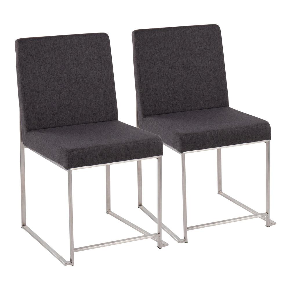 Brushed Stainless Steel, Charcoal Fabric High Back Fuji Dining Chair - Set of 2. Picture 1