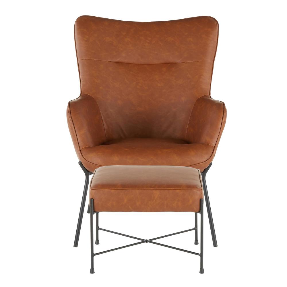 Black Metal, Camel PU Izzy Lounge Chair + Ottoman Set. Picture 5