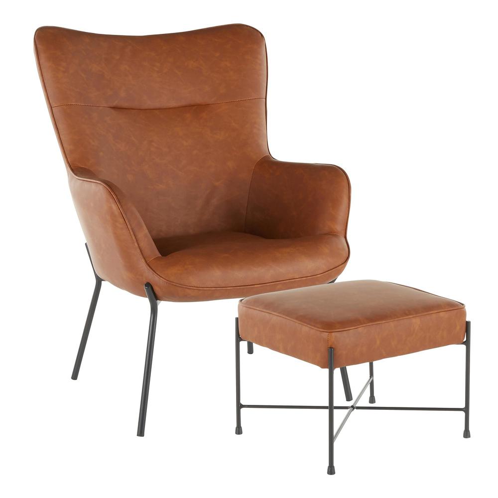 Black Metal, Camel PU Izzy Lounge Chair + Ottoman Set. Picture 1