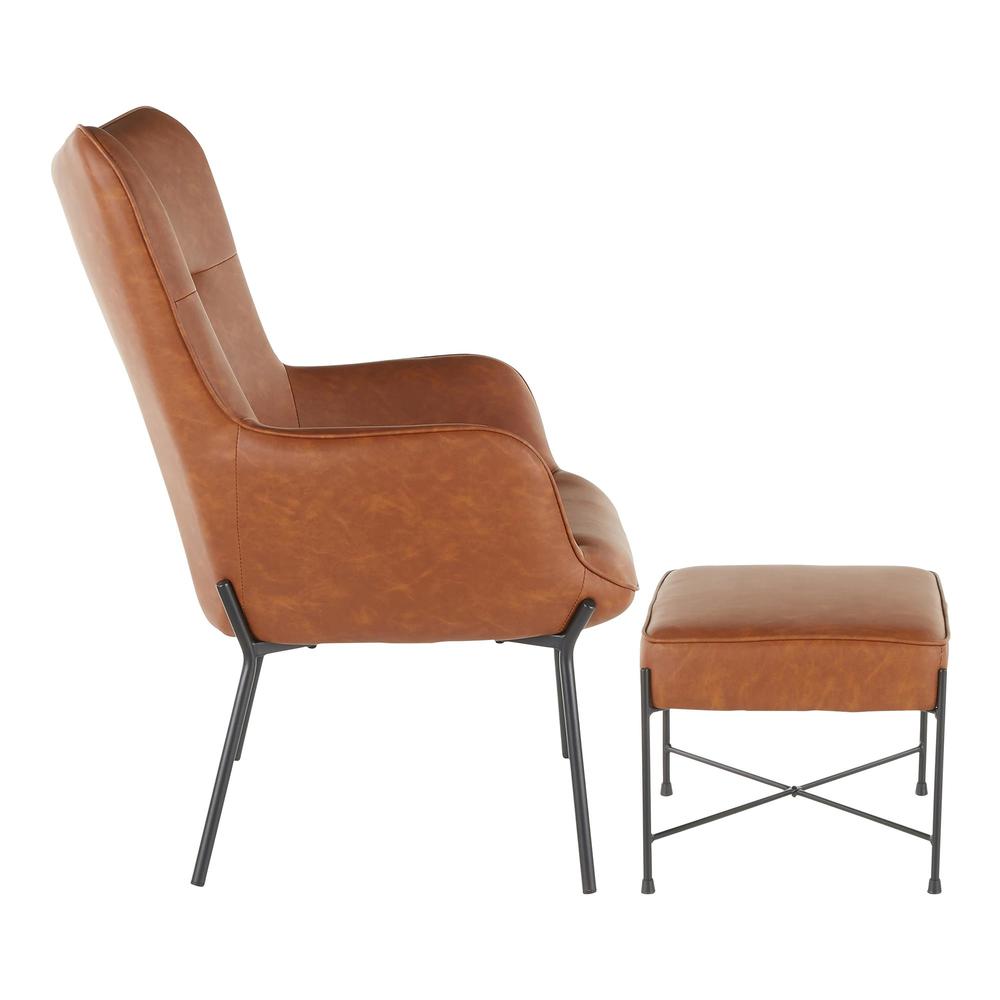Black Metal, Camel PU Izzy Lounge Chair + Ottoman Set. Picture 2