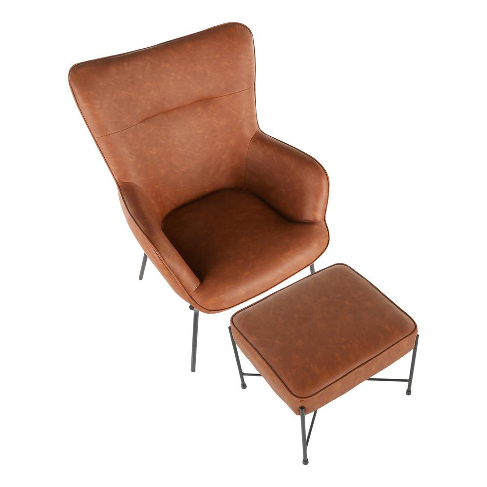 Black Metal, Camel PU Izzy Lounge Chair + Ottoman Set. Picture 6