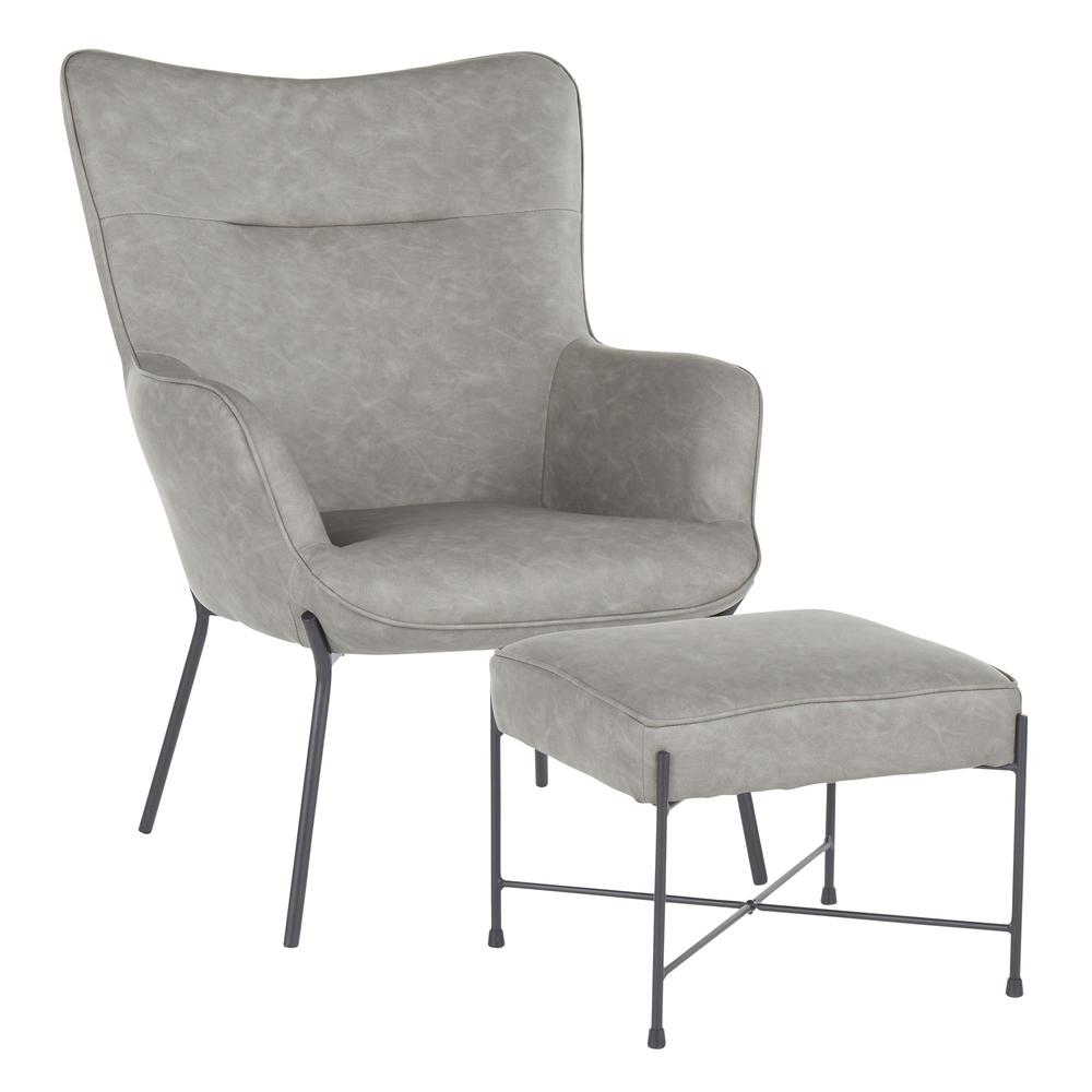 Black Metal, Grey PU Izzy Lounge Chair + Ottoman Set. Picture 1