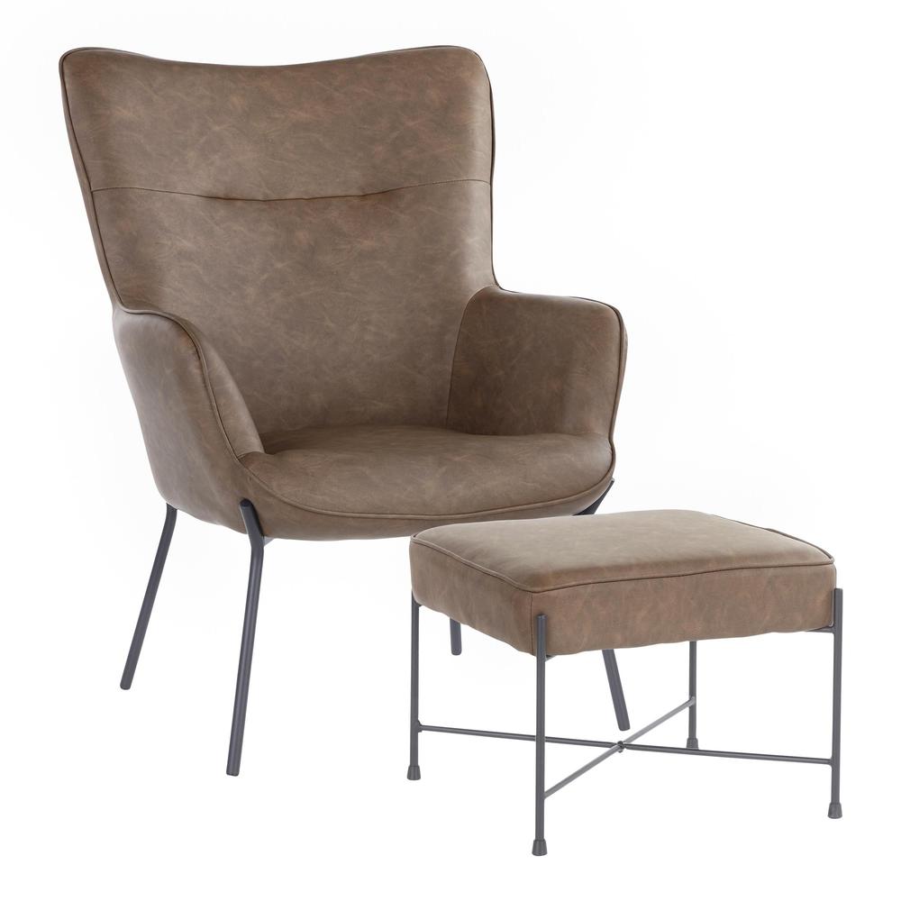 Black Metal, Espresso PU Izzy Lounge Chair + Ottoman Set. Picture 1