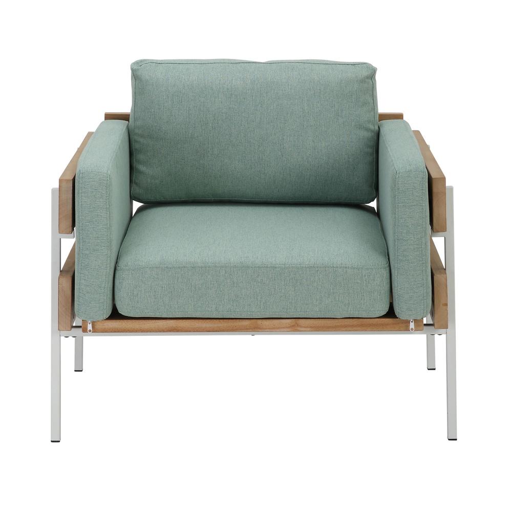 White Metal, Natural Wood, Light Green Fabric Kari Accent Chair. Picture 5