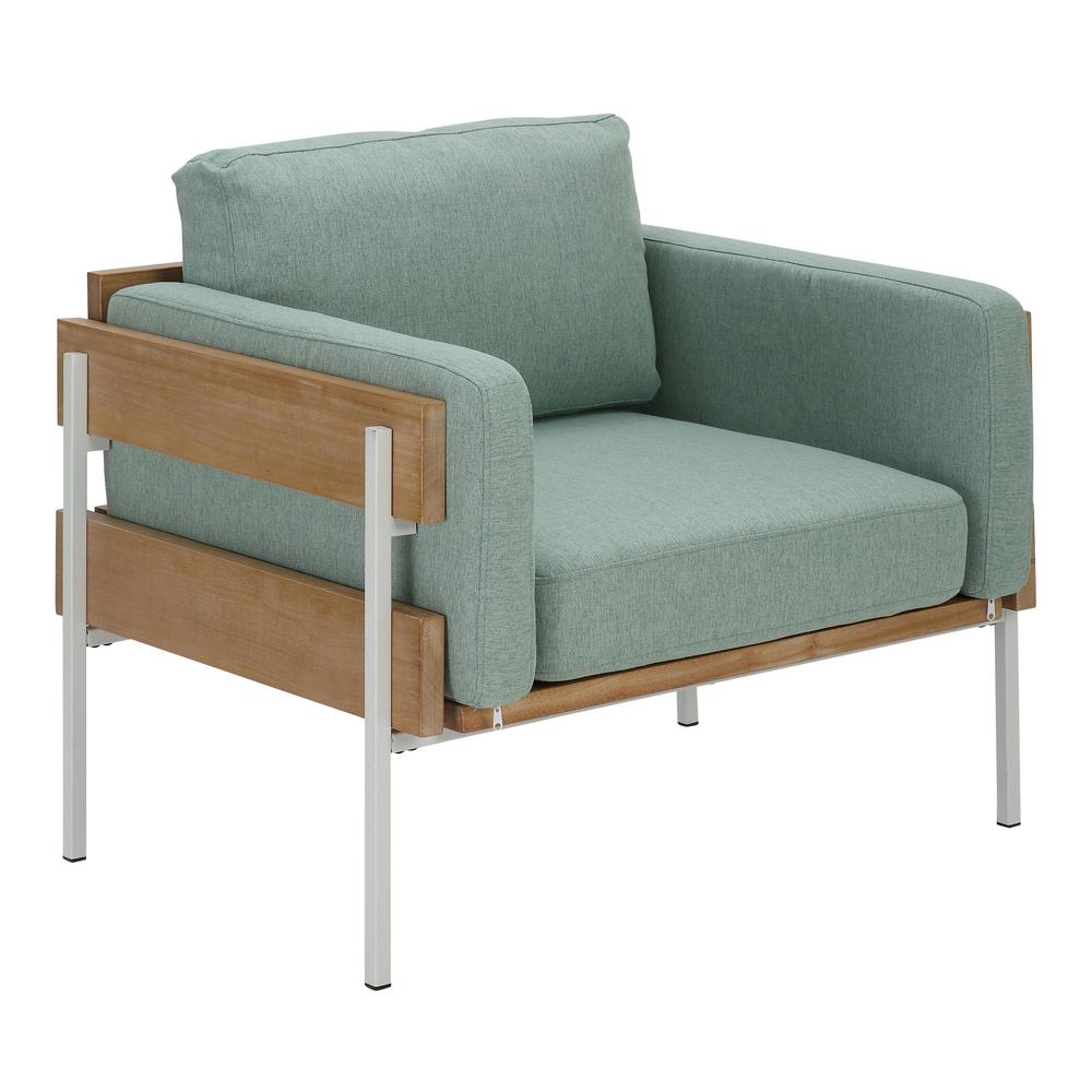 White Metal, Natural Wood, Light Green Fabric Kari Accent Chair. Picture 1