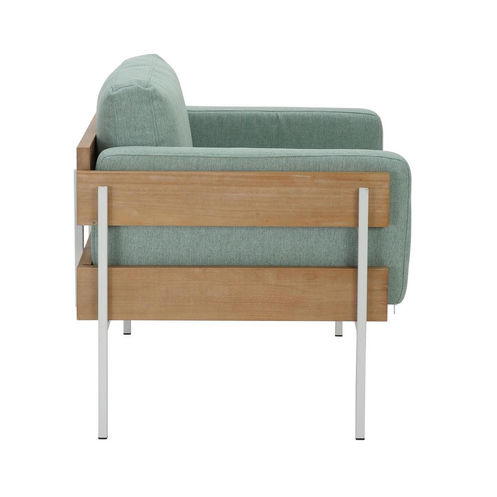 White Metal, Natural Wood, Light Green Fabric Kari Accent Chair. Picture 2
