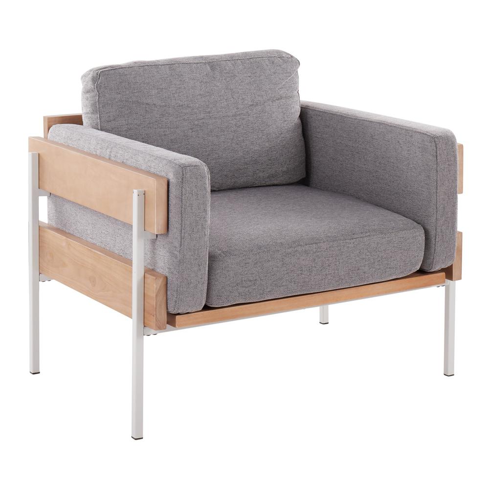 White Metal, Natural Wood, Light Grey Fabric Kari Accent Chair. Picture 1