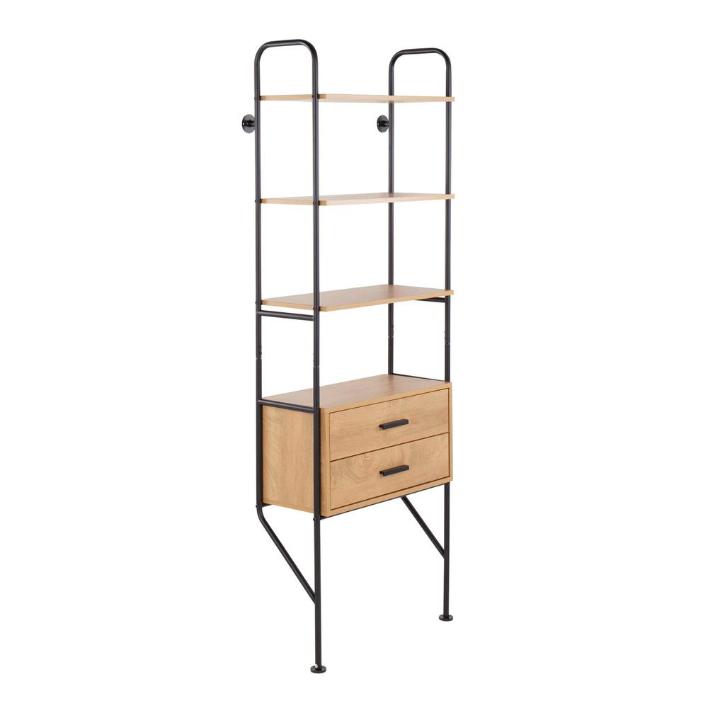 Black Metal, Brown Wood Lean Bookcase. Picture 1