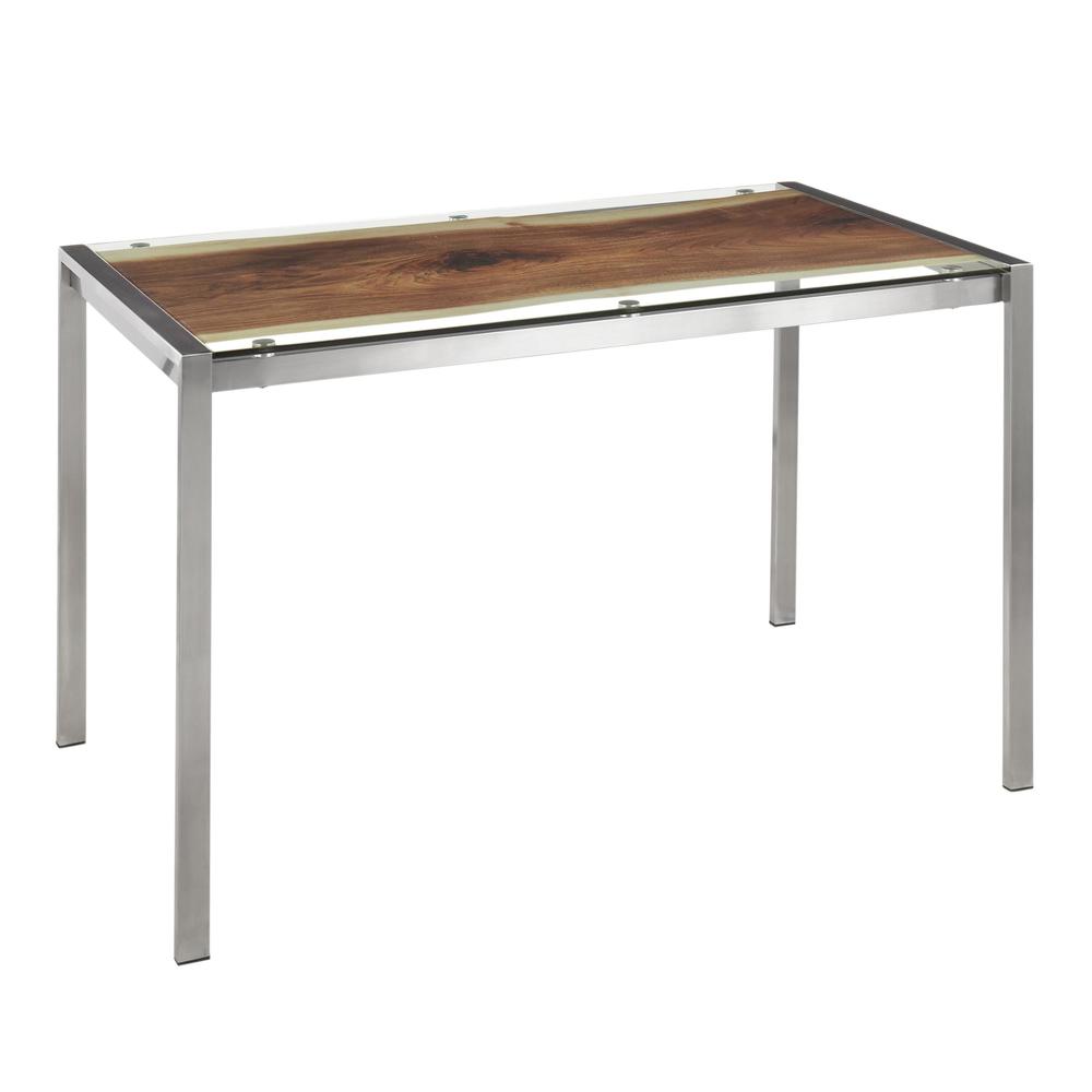 Stainless Steel, Printed Glass Live Edge Table. Picture 1