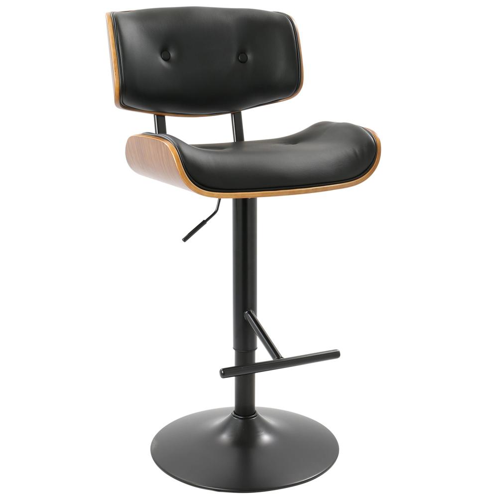 Black Metal, Walnut Wood, Black PU Lombardi Adjustable Barstool - Set of 2. Picture 3