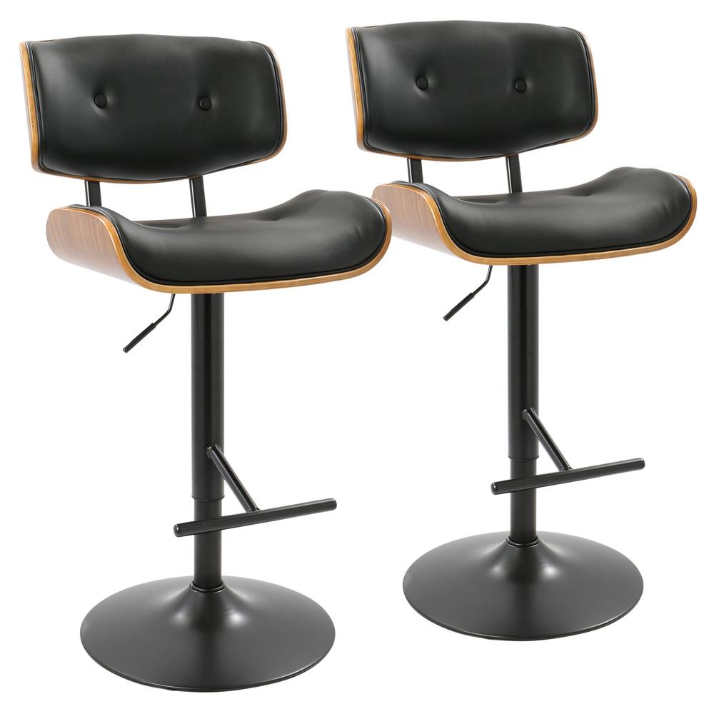 Black Metal, Walnut Wood, Black PU Lombardi Adjustable Barstool - Set of 2. Picture 1