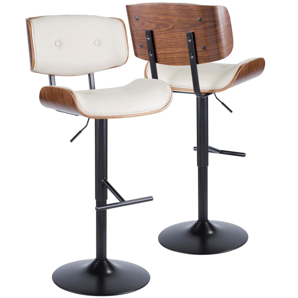 Black Metal, Walnut Wood, Cream PU Lombardi Adjustable Barstool - Set of 2. Picture 2