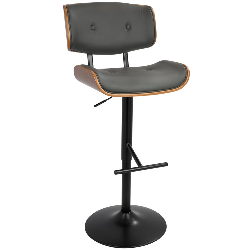 Black Metal, Walnut Wood, Grey PU Lombardi Adjustable Barstool - Set of 2. Picture 3