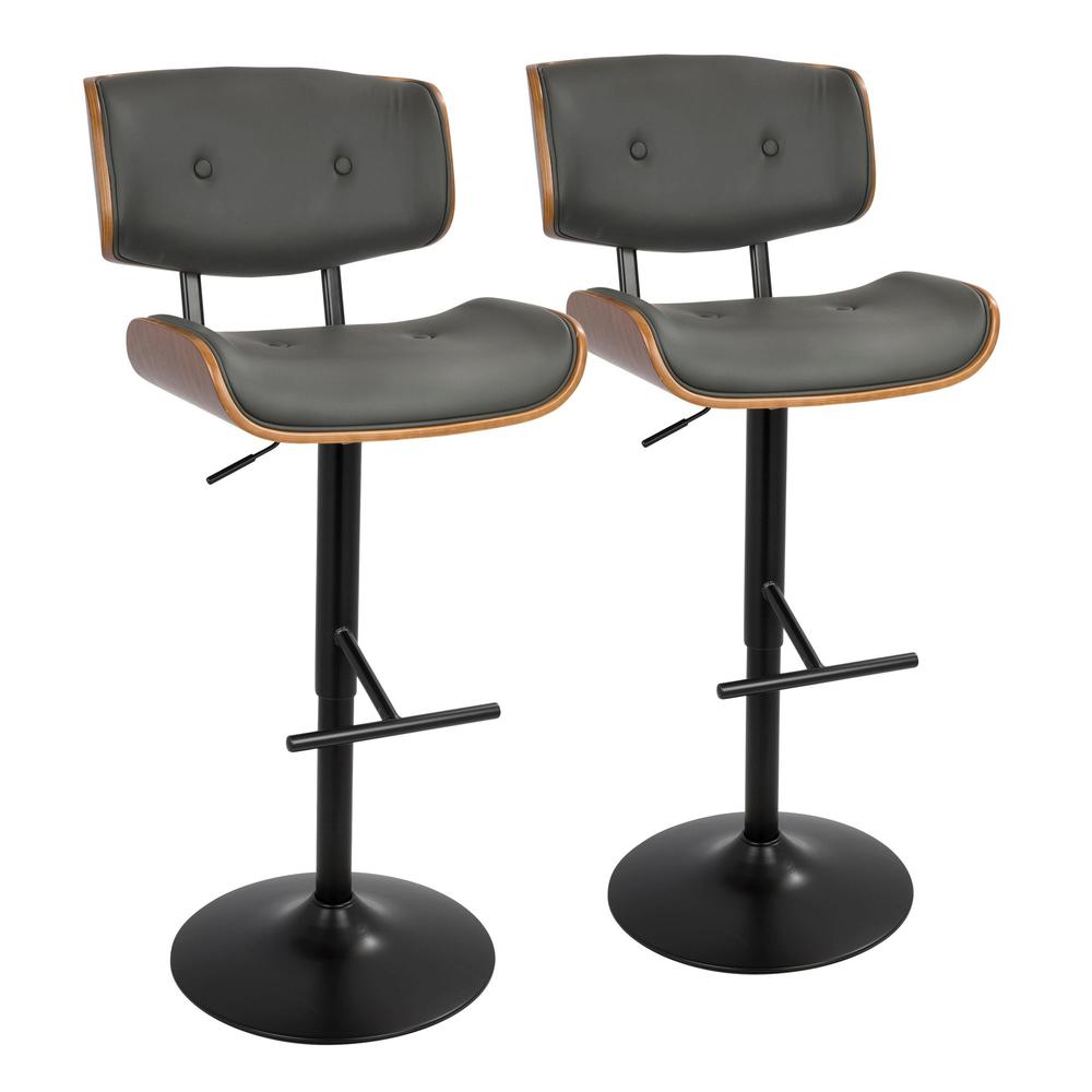 Black Metal, Walnut Wood, Grey PU Lombardi Adjustable Barstool - Set of 2. Picture 1