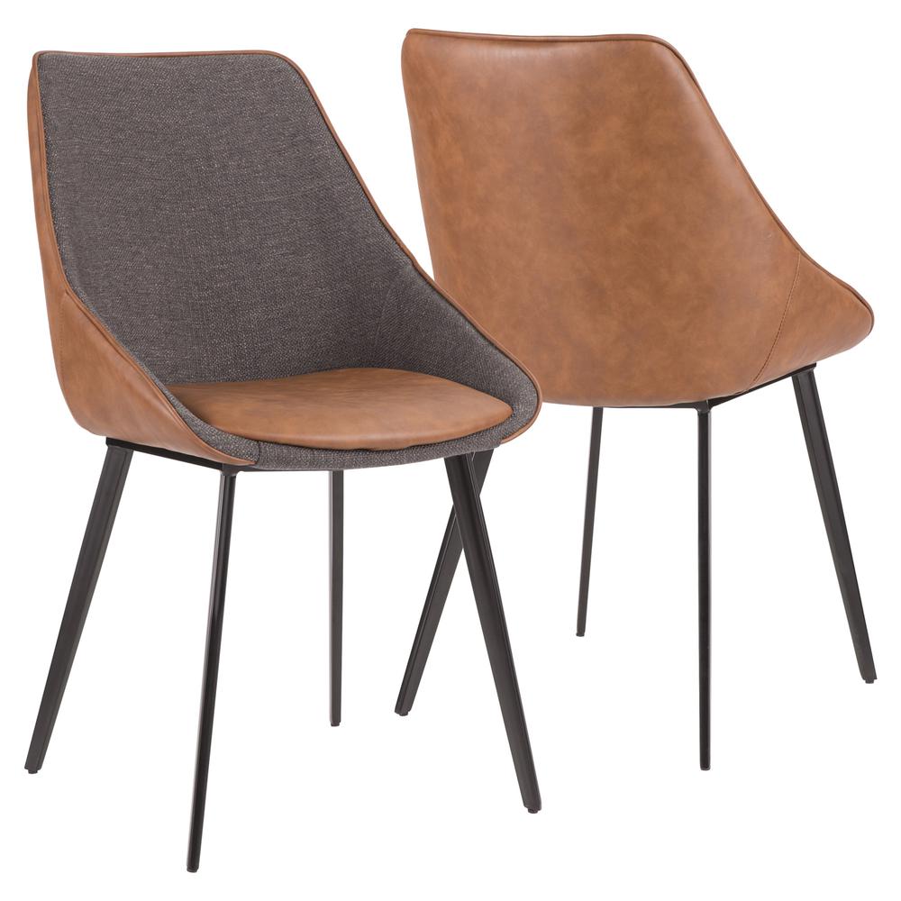 Black Metal, Brown PU, Grey Fabric Marche Two-Tone Chair - Set of 2. Picture 2
