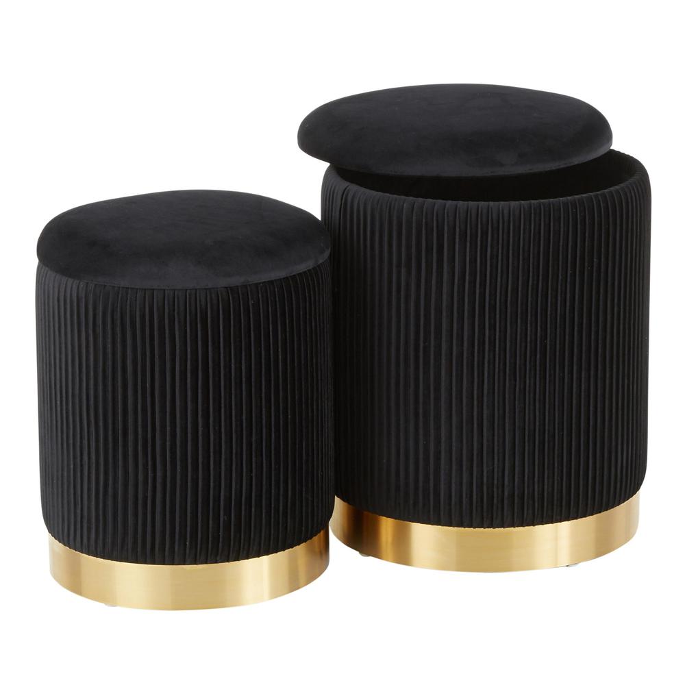 Gold Metal, Black Velvet Marla Nesting Pleated Ottoman Set. Picture 3
