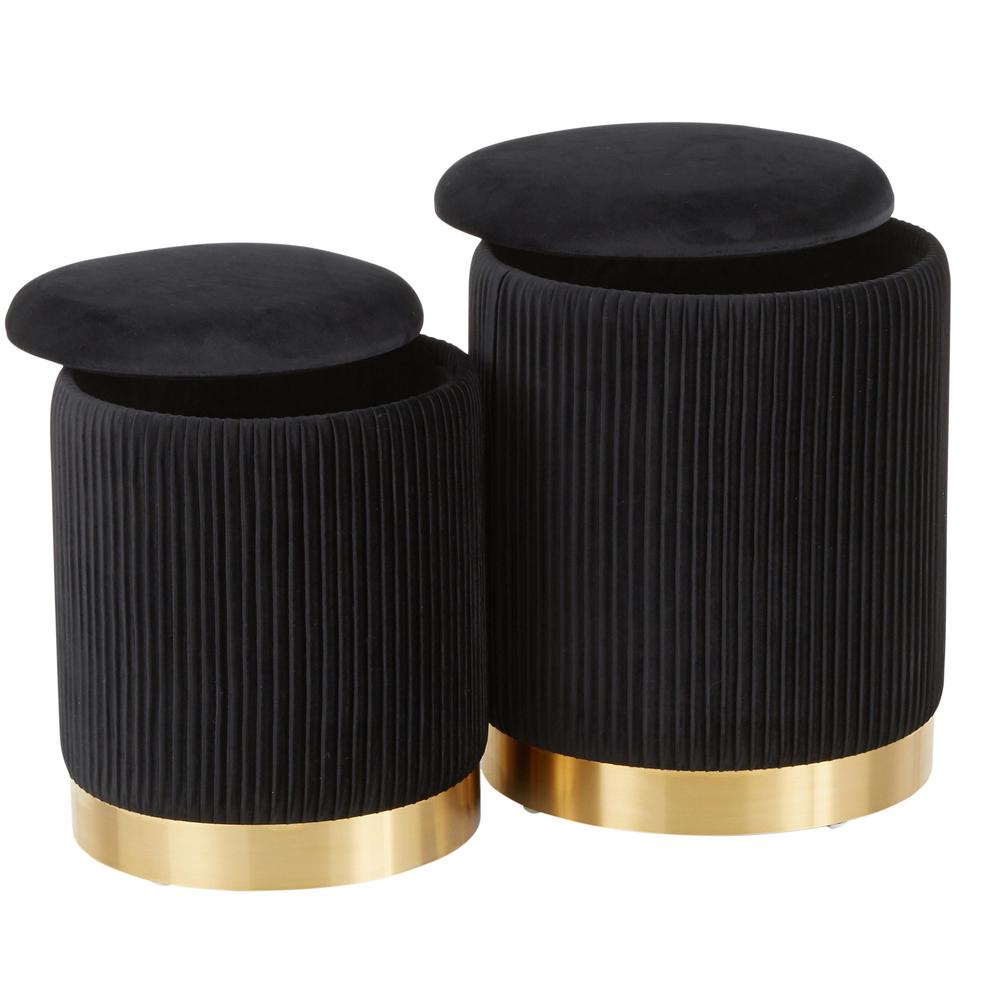 Gold Metal, Black Velvet Marla Nesting Pleated Ottoman Set. Picture 4
