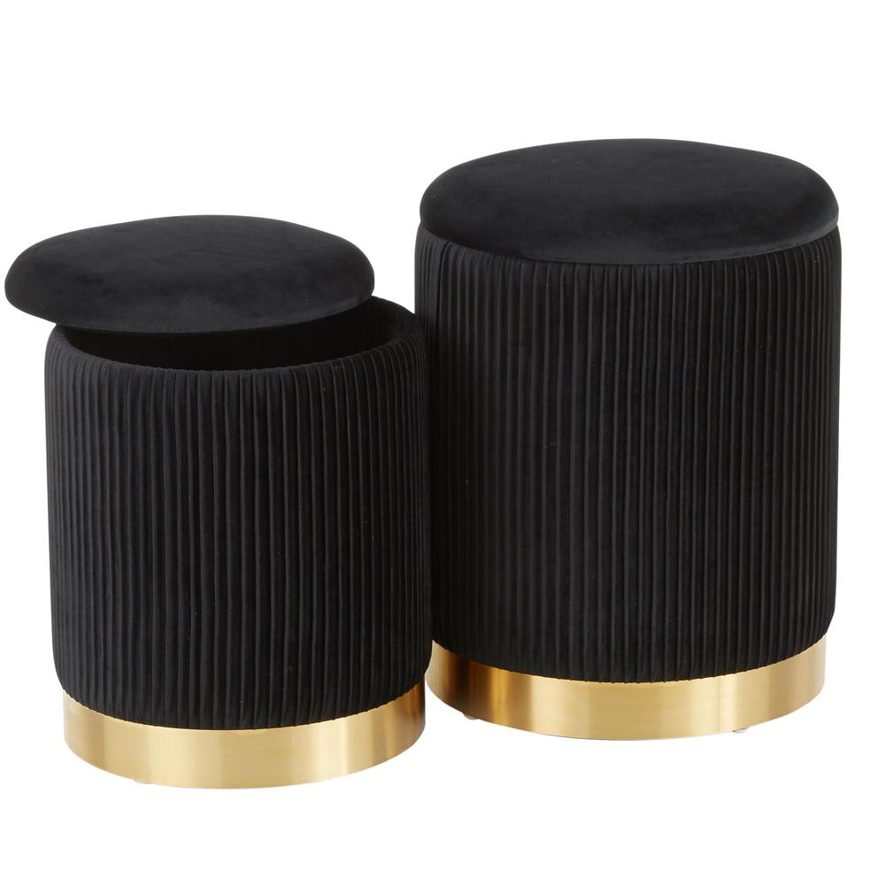 Gold Metal, Black Velvet Marla Nesting Pleated Ottoman Set. Picture 2