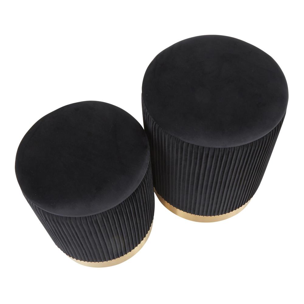Gold Metal, Black Velvet Marla Nesting Pleated Ottoman Set. Picture 5