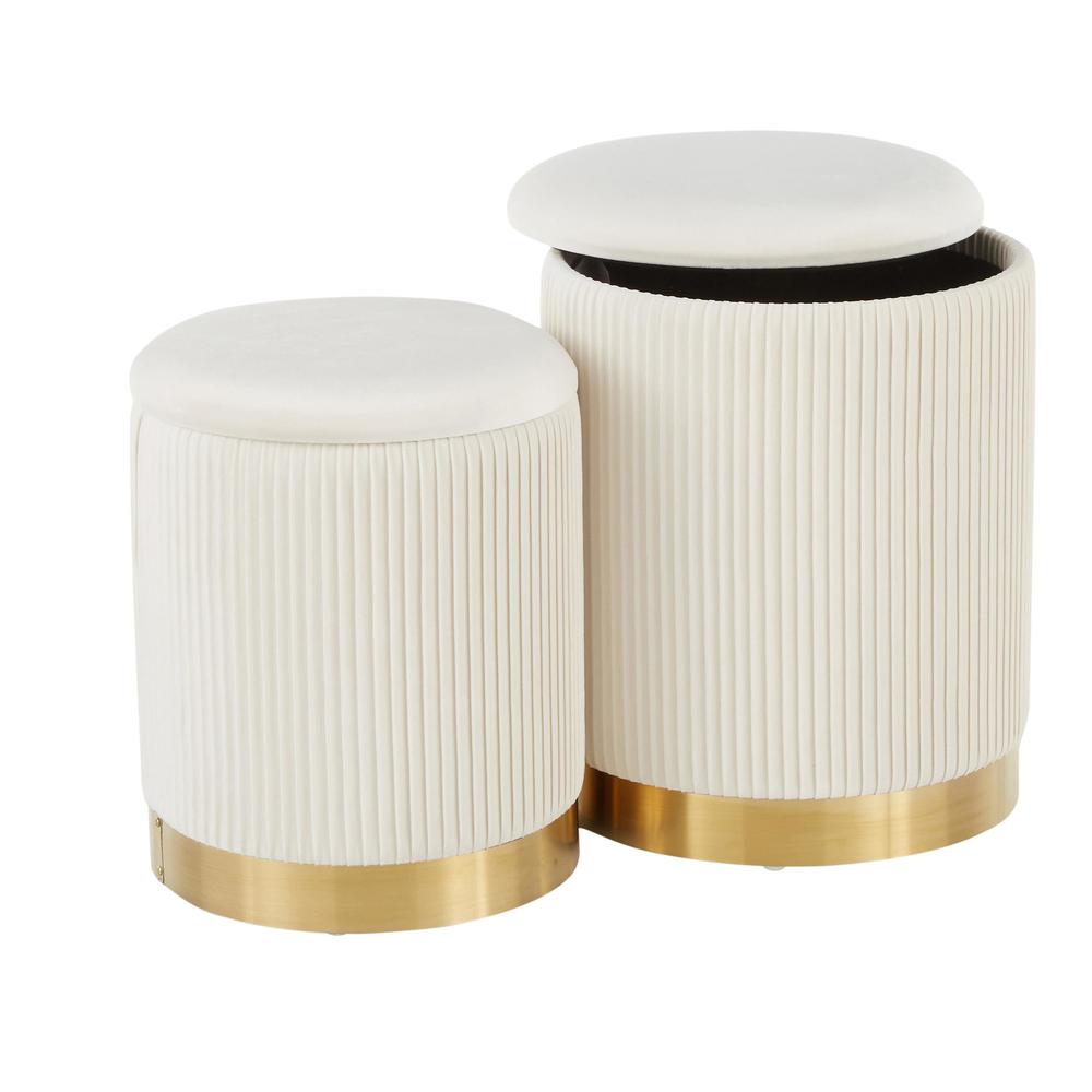 Gold Metal, Cream Velvet Marla Nesting Pleated Ottoman Set. Picture 3