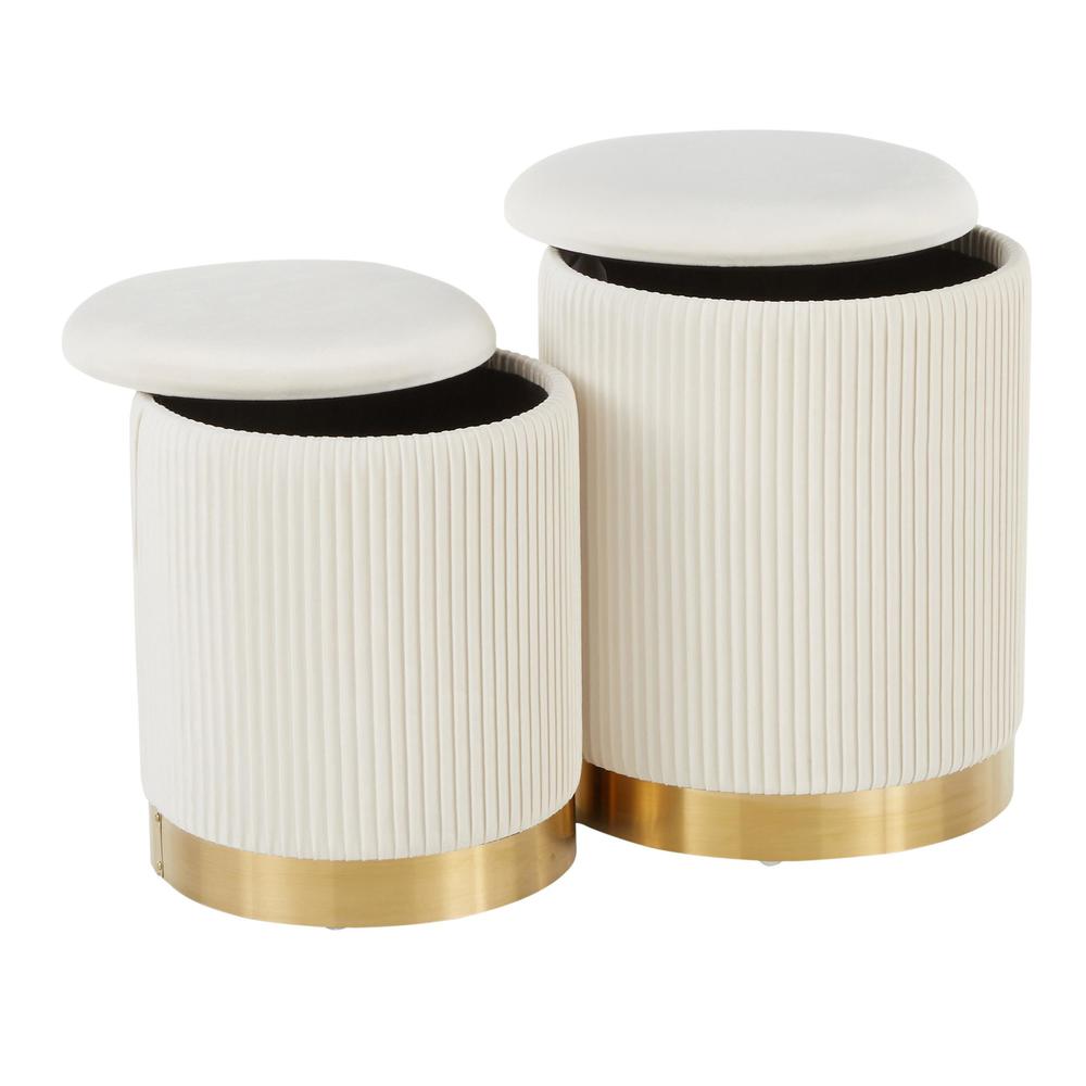Gold Metal, Cream Velvet Marla Nesting Pleated Ottoman Set. Picture 4