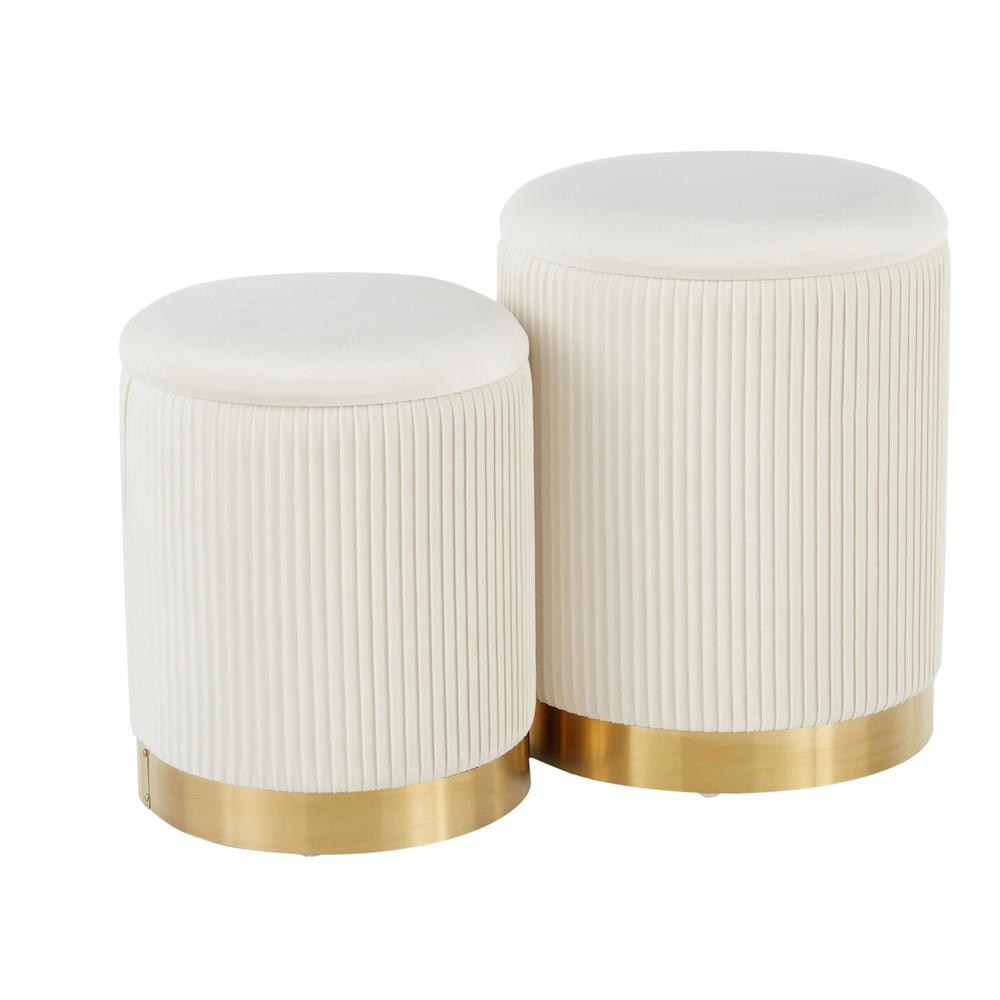 Gold Metal, Cream Velvet Marla Nesting Pleated Ottoman Set. Picture 1