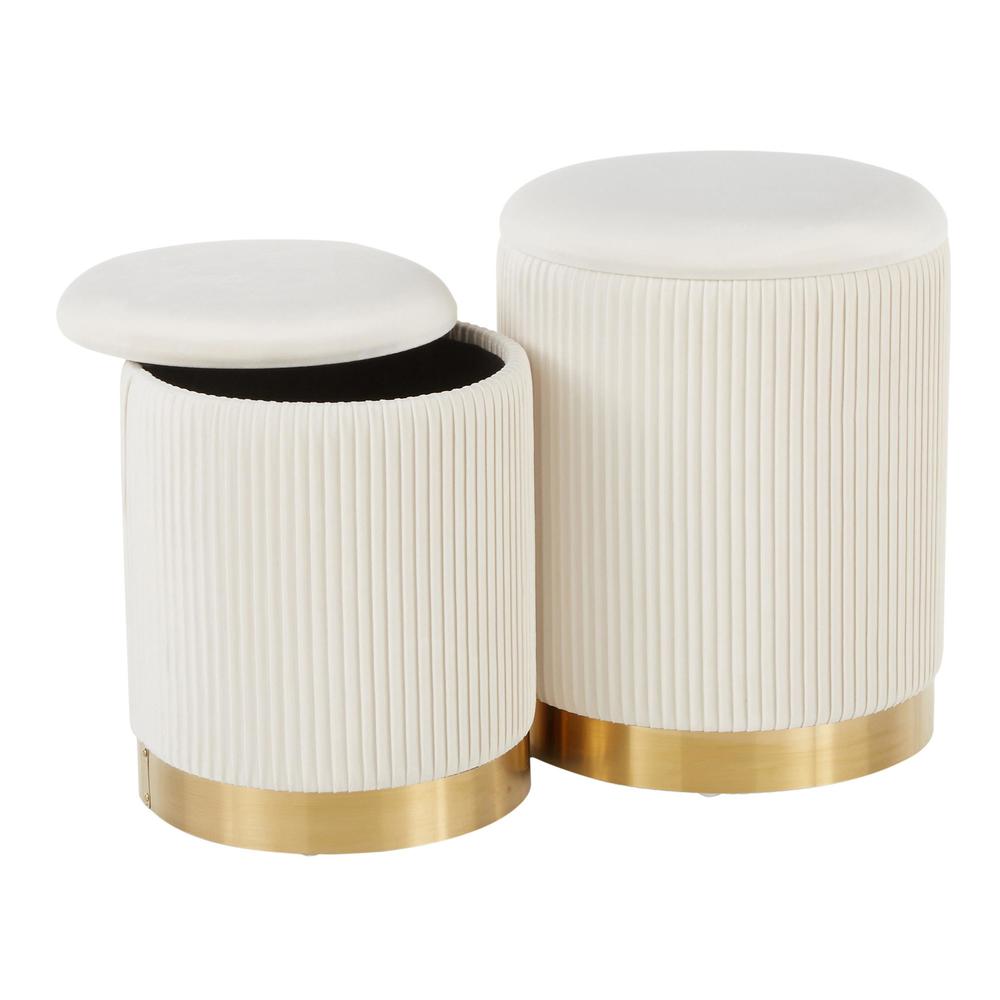 Gold Metal, Cream Velvet Marla Nesting Pleated Ottoman Set. Picture 2