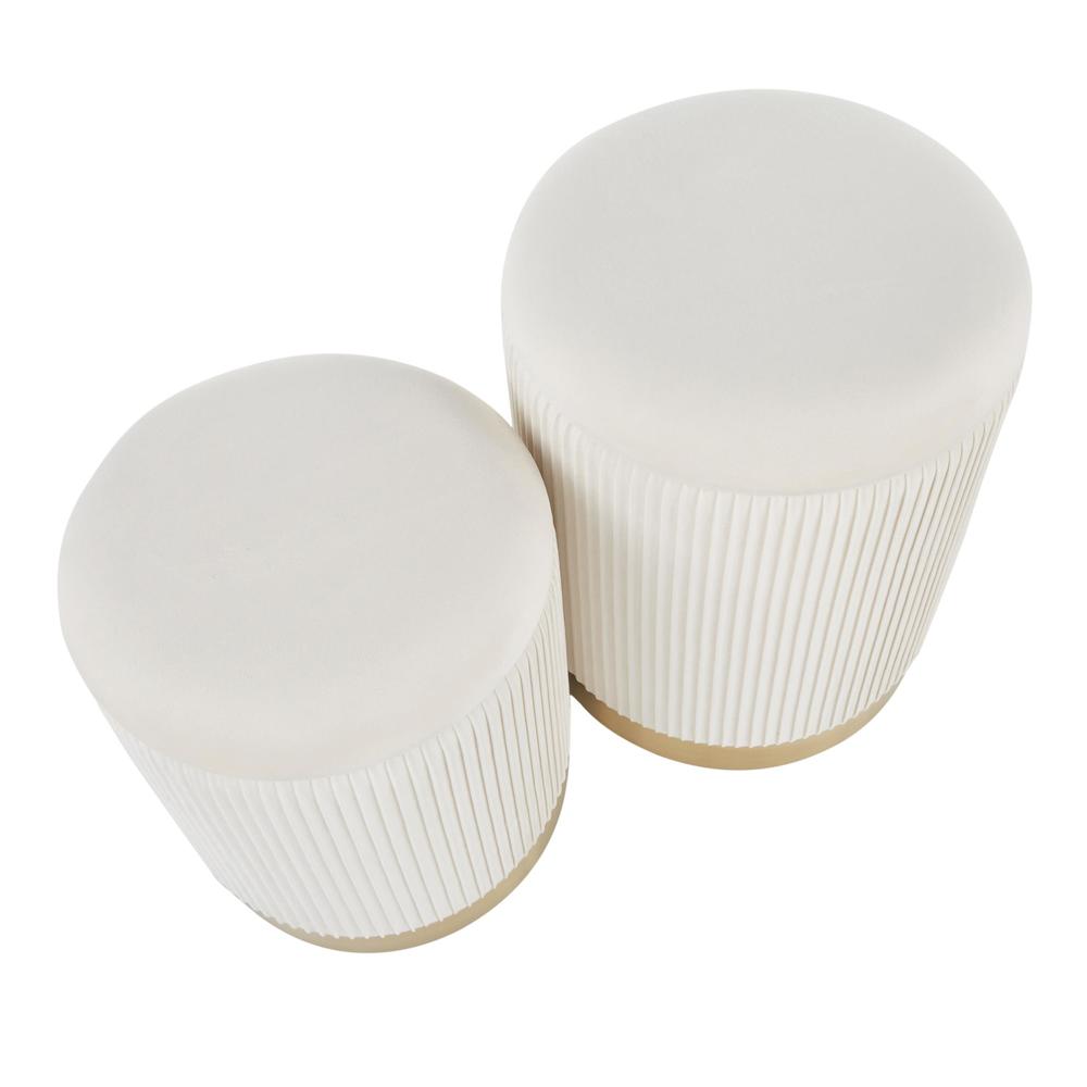 Gold Metal, Cream Velvet Marla Nesting Pleated Ottoman Set. Picture 5