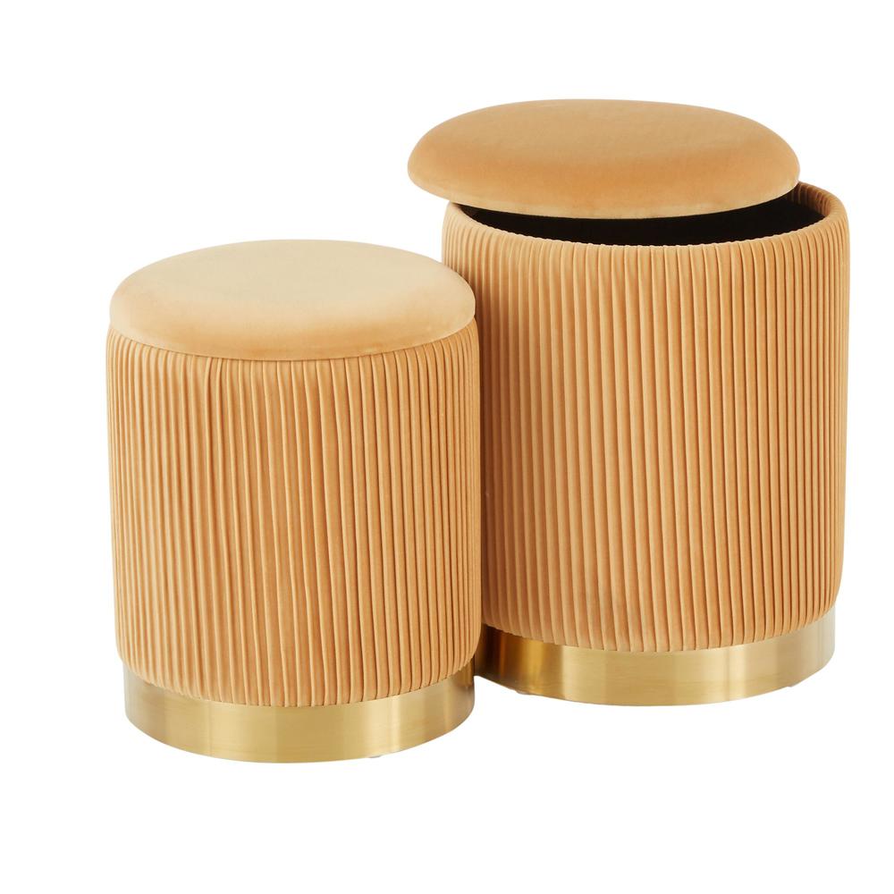 Gold Metal, Orange Velvet Marla Nesting Pleated Ottoman Set. Picture 3
