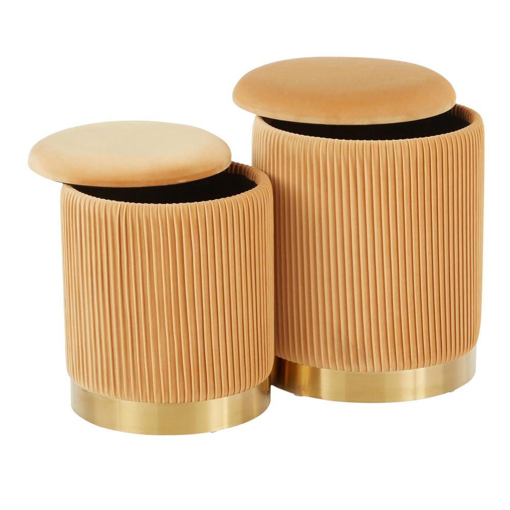 Gold Metal, Orange Velvet Marla Nesting Pleated Ottoman Set. Picture 4