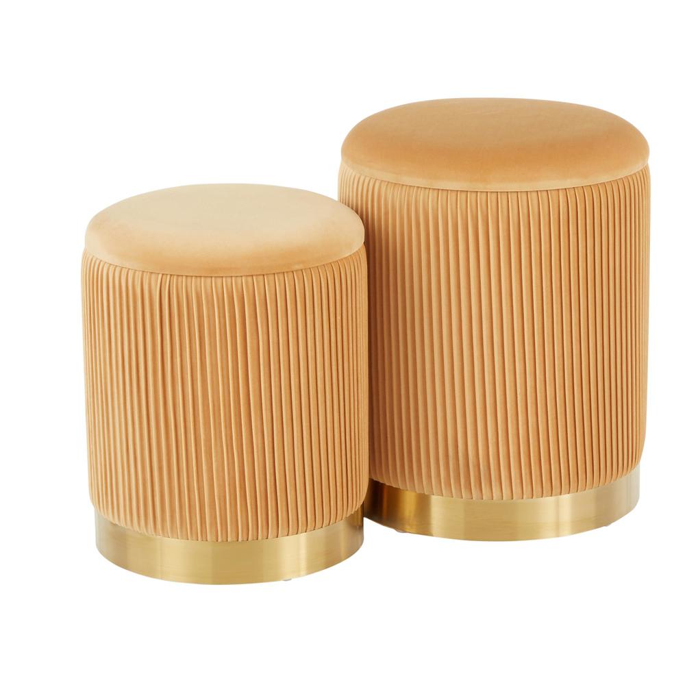 Gold Metal, Orange Velvet Marla Nesting Pleated Ottoman Set. Picture 1