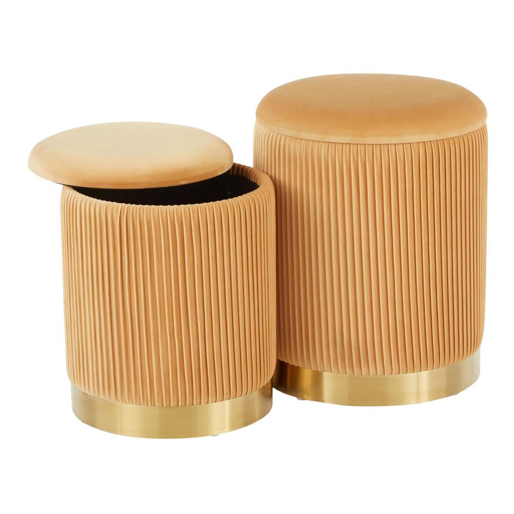 Gold Metal, Orange Velvet Marla Nesting Pleated Ottoman Set. Picture 2