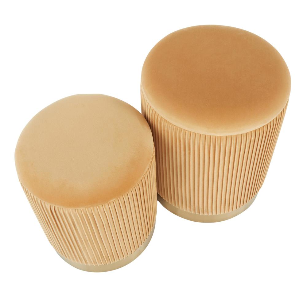 Gold Metal, Orange Velvet Marla Nesting Pleated Ottoman Set. Picture 5