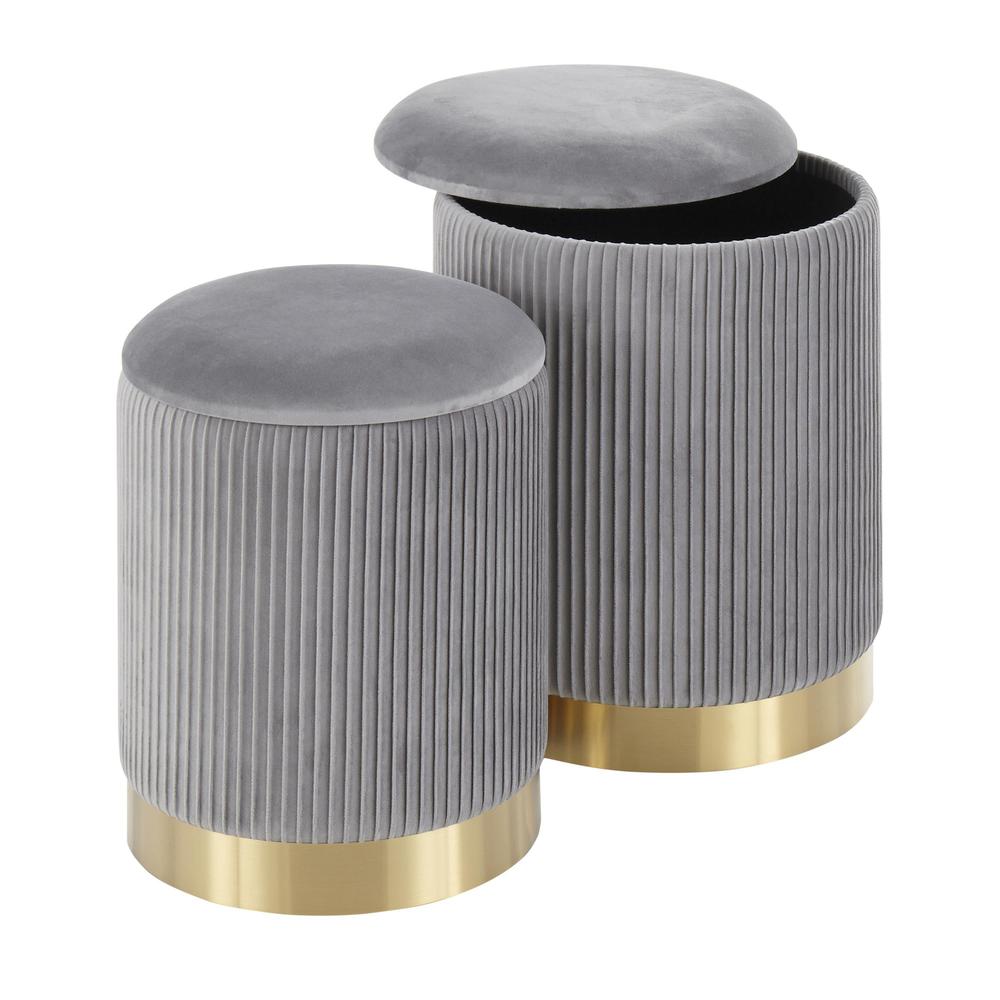 Gold Metal, Grey Velvet Marla Nesting Pleated Ottoman Set. Picture 4