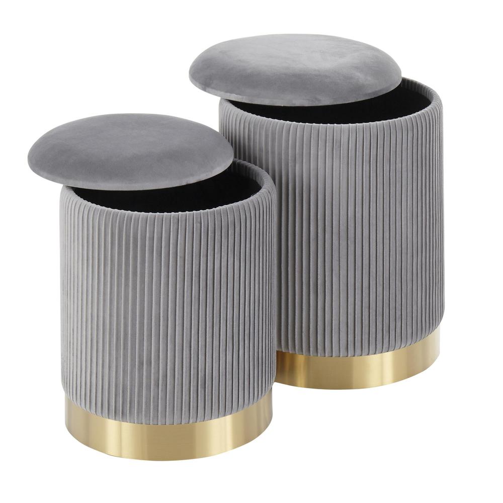 Gold Metal, Grey Velvet Marla Nesting Pleated Ottoman Set. Picture 3