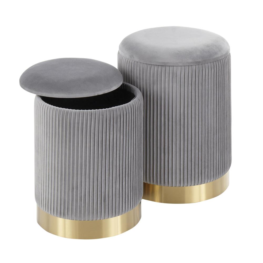 Gold Metal, Grey Velvet Marla Nesting Pleated Ottoman Set. Picture 2