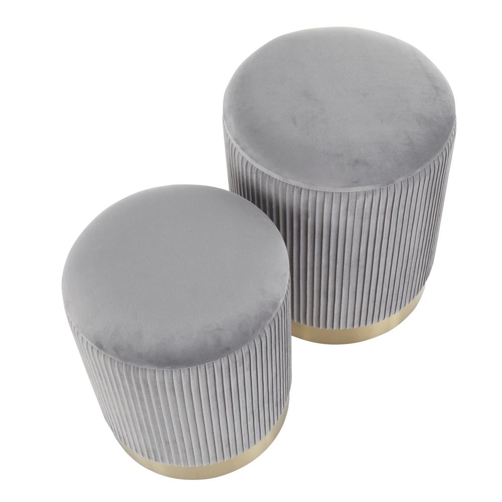 Gold Metal, Grey Velvet Marla Nesting Pleated Ottoman Set. Picture 5