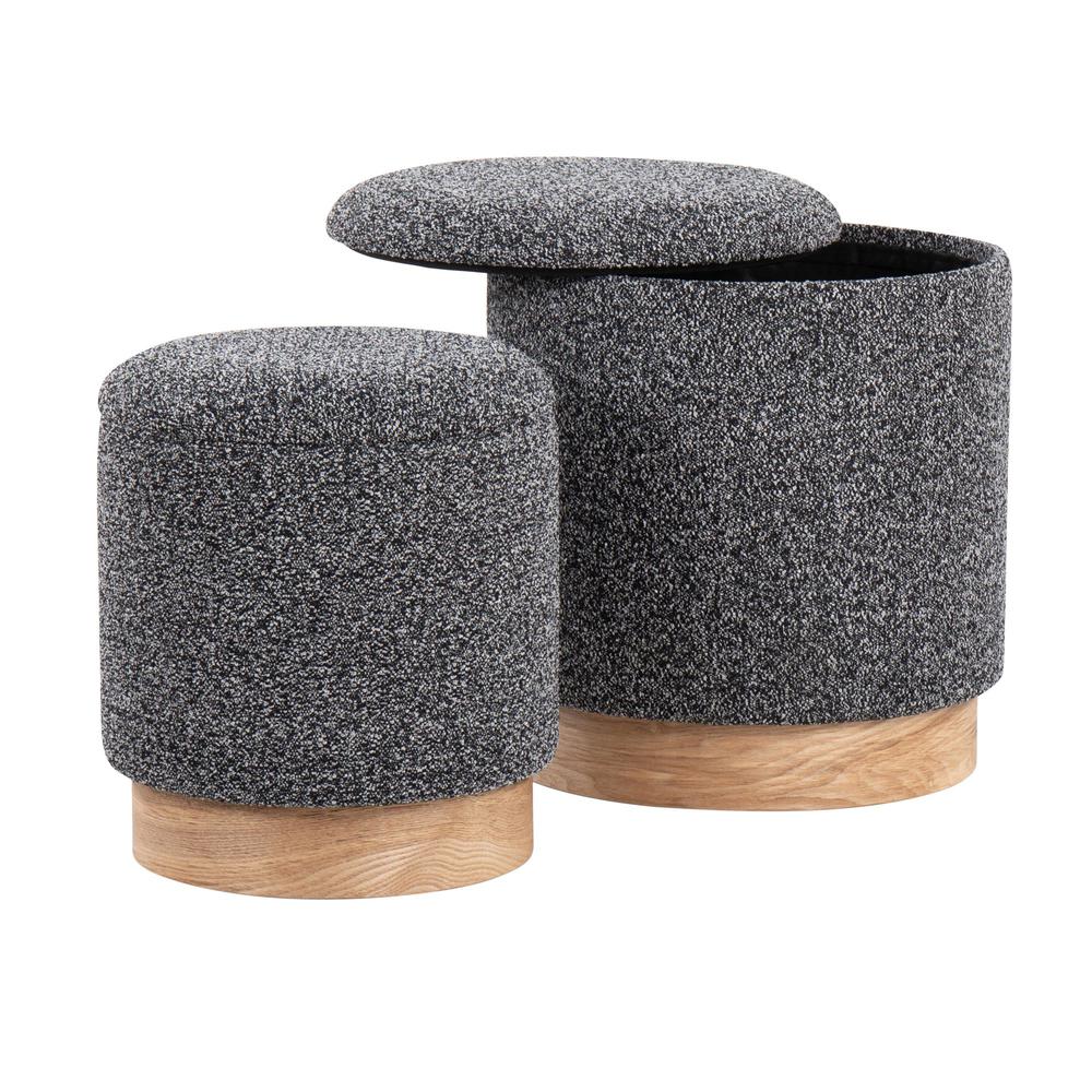 Natural Wood, Black Fabric Marla Nesting Ottoman Set. Picture 2