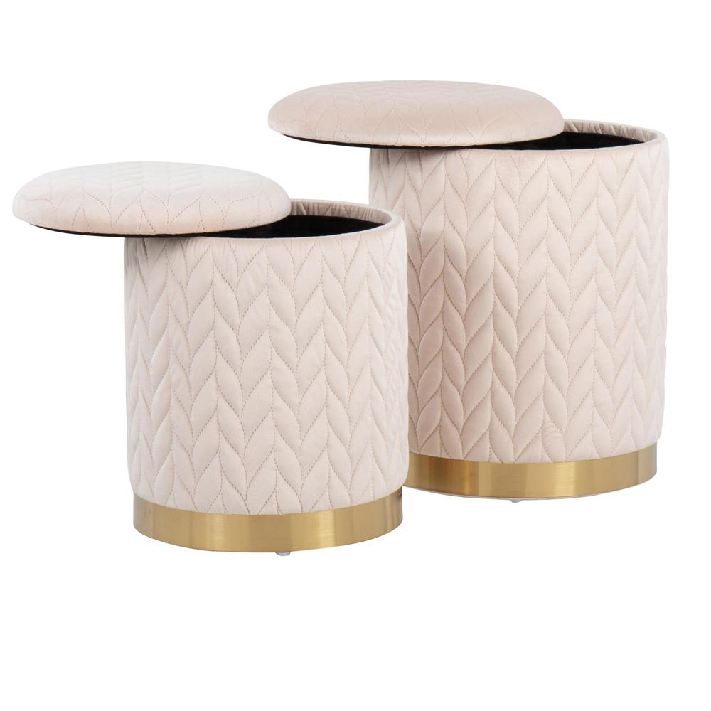 Gold Metal, Cream Velvet Marla Quilted Ottoman Set. Picture 4