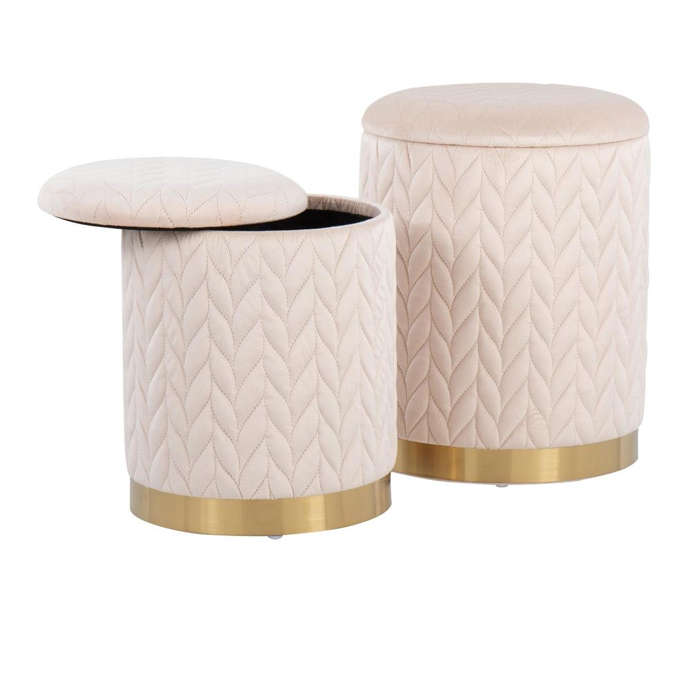 Gold Metal, Cream Velvet Marla Quilted Ottoman Set. Picture 5