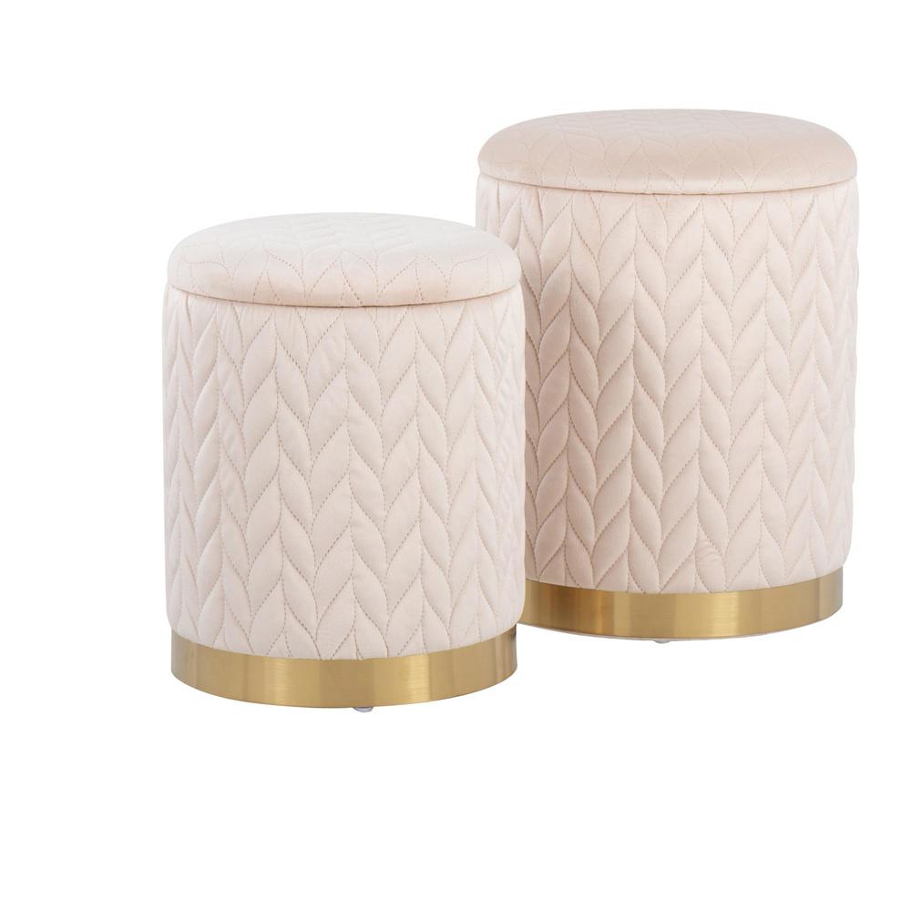 Gold Metal, Cream Velvet Marla Quilted Ottoman Set. Picture 2