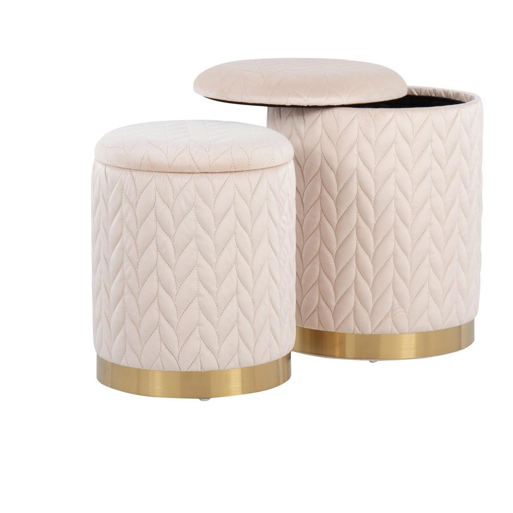 Gold Metal, Cream Velvet Marla Quilted Ottoman Set. Picture 1