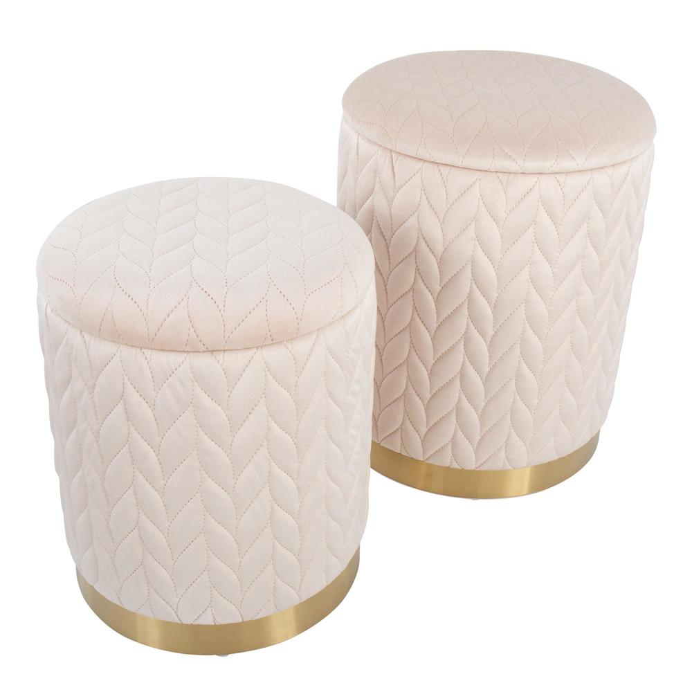 Gold Metal, Cream Velvet Marla Quilted Ottoman Set. Picture 3