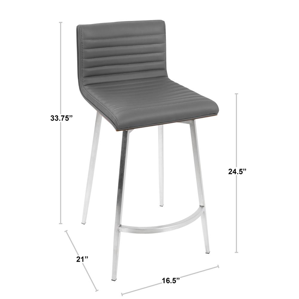 Mason Contemporary Swivel Counter Stool in Stainless Steel, Walnut Wood, and Grey Faux Leather - Set of 2. Picture 9
