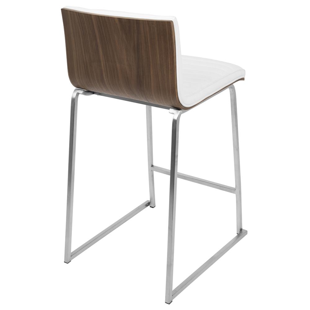 Mara 26" Contemporary Counter Stool in Brushed Stainless Steel, Walnut Wood, and White Faux Leather - Set of 2. Picture 5