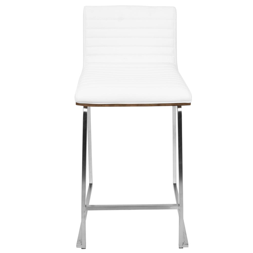Mara 26" Contemporary Counter Stool in Brushed Stainless Steel, Walnut Wood, and White Faux Leather - Set of 2. Picture 7
