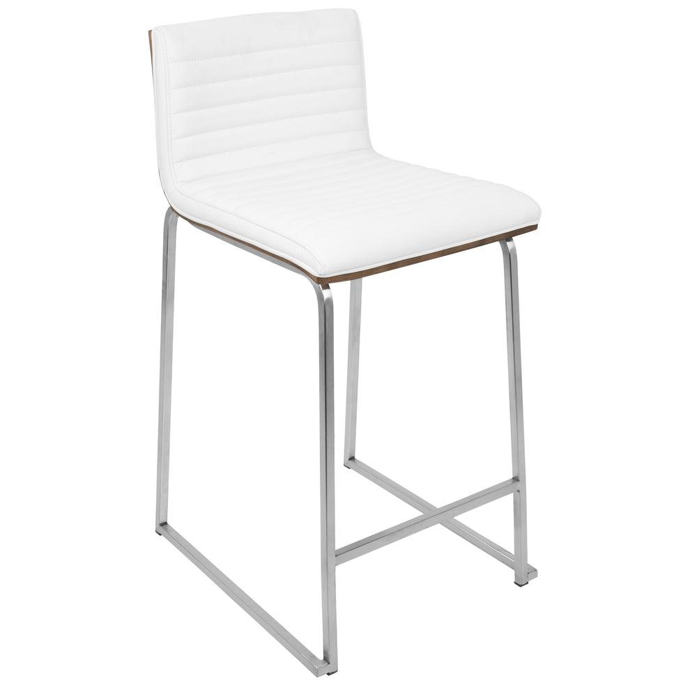 Mara 26" Contemporary Counter Stool in Brushed Stainless Steel, Walnut Wood, and White Faux Leather - Set of 2. Picture 3